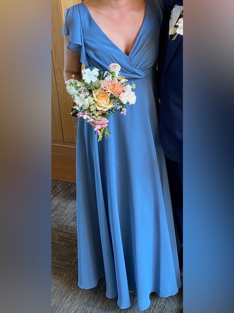 Blue Chiffon-like Maxi Bridesmaid Dress with Flutter Sleeves and V-neck
